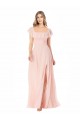 Fabricants Rose Trapèze Col Carré Mousseline Longue Robes demoiselle d'honneur