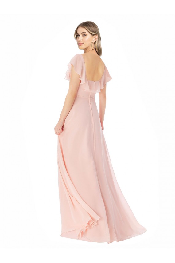 Fabricants Rose Trapèze Col Carré Mousseline Longue Robes demoiselle d'honneur