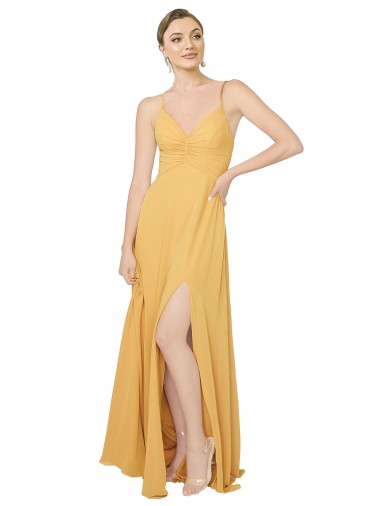 Fabricants Safran Trapèze Col V Mousseline Longue Robes demoiselle d'honneur