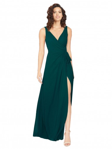 Fabricants Vert Chasseur Trapèze Col V Mousseline Longue Robes demoiselle d'honneur