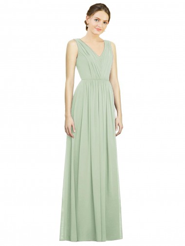 Fabricants Vert Sauge Trapèze Col V Mousseline Longue Robes demoiselle d'honneur