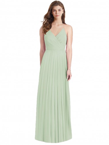 Fabricants Vert Sauge Trompette Bretelles spaghetti Col V Mousseline Longue Robes demoiselle d'honneur