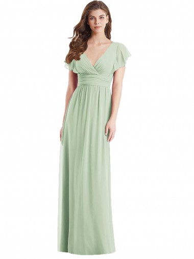 Fabricants Vert Sauge Trompette Col V Mousseline Longue Robes demoiselle d'honneur