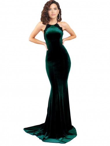 Fabricants Vert foncé Sirène Col Haut Balayage train Velours Stretch Longue Formelles Robes demoiselle d'honneur / Robes de soirée / Robes de bal