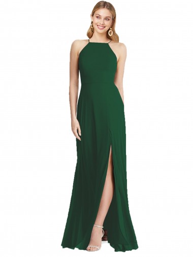 Fabricants Vert foncé Trapèze Bretelles spaghetti Col Haut Mousseline Longue Robes demoiselle d'honneur