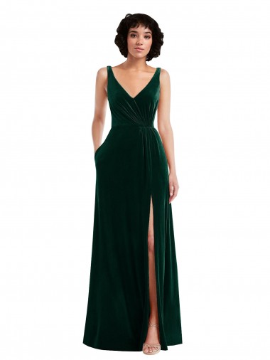 Fabricants Vert foncé Trapèze Col V Velours Stretch Longue Robes demoiselle d'honneur / Robes de bal