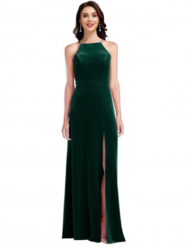 Fabricants Vert foncé Trapèze Licou Col Haut Velours Stretch Longue Robes demoiselle d'honneur / Robes de bal
